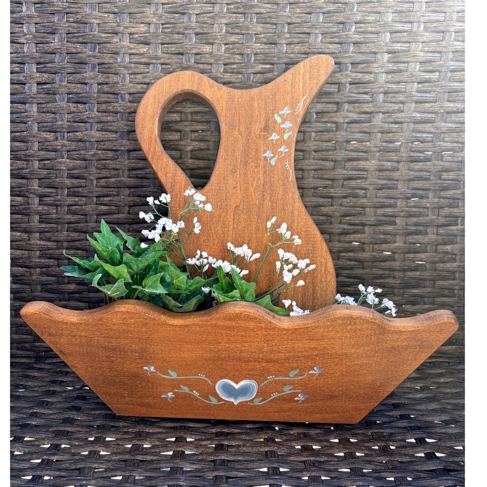 Vintage Wooden Wall Pocket Planter Hand Painted Pitcher Heart Country Decor